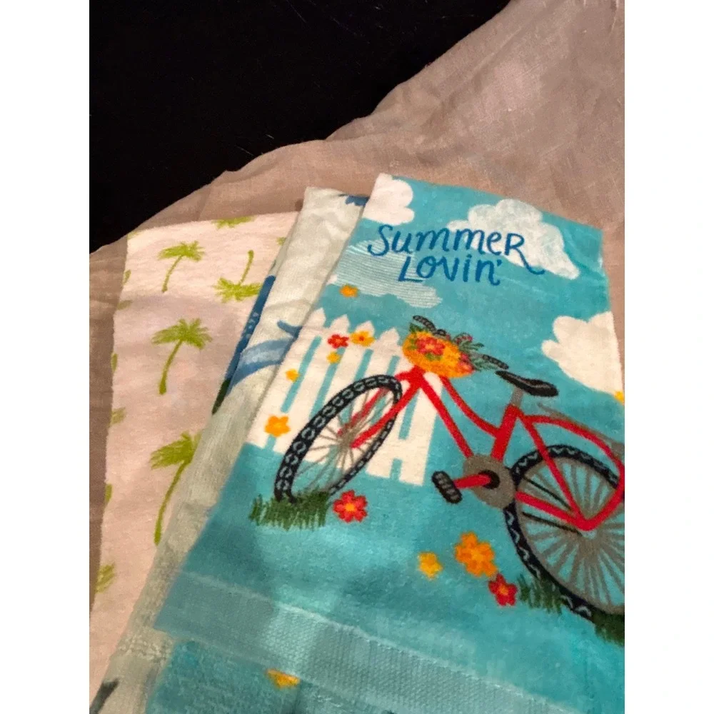 Set of 3 Summer Kitchen Hand Towels Palm Tree Bird Nest Bicycle Summer Lovin